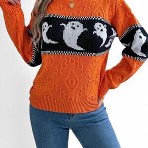 Black Orange White Ghost Halloween Knit Casual Kawaii Sweater XL